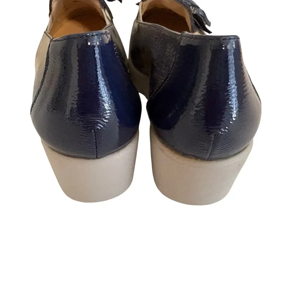 Wonders Spain Textured Laser Cut Patent Leather Tasseled Wedge Loafers Navy Blue